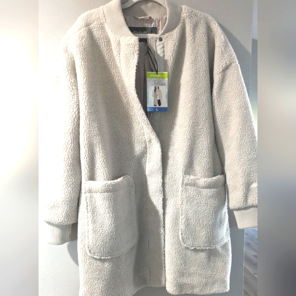 Women's Eddie Bauer Fleece Perka Sherpa Long Jacket.  size L